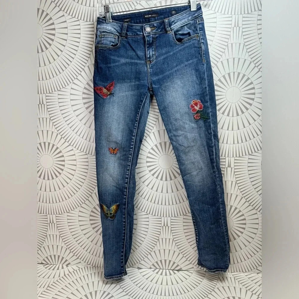 Miss Me Girls Skinny Jeans Embroidered‎ Flowers Butterflies Size 12 Style K2072S